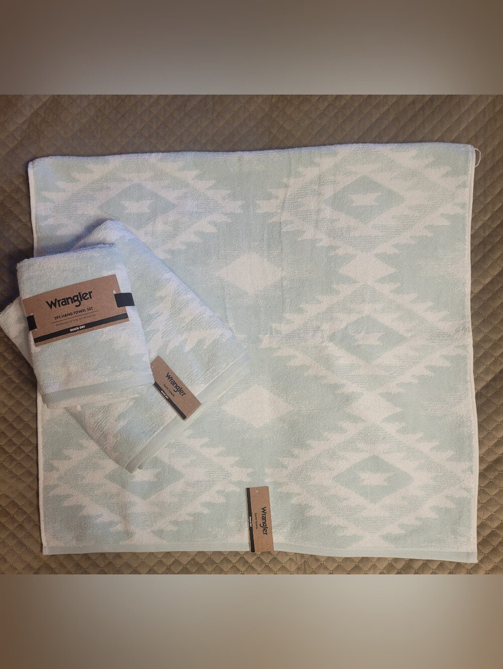 NEW Wrangler Canyon Ranch Blue Mint & White 1 Set Of 2 Hand Towels 2 Bath Towel